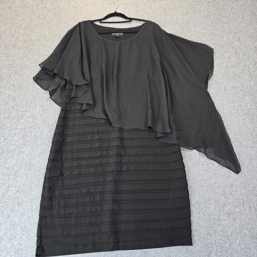 Scarlett Sheath Dress Women 14 Black Asymmetrical Shutter Pleated Sheer Side Zip